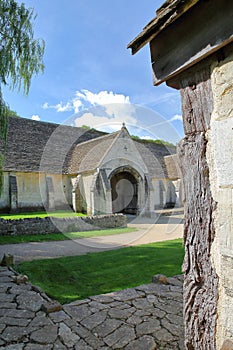 Exterior view of the historic Tithe Barn, a medieval monastic stone barn, Bradford on Avon, UK