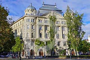 Exterior view of historical old town buildings in the downtown of Eastern Europe.