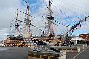 Exterior view of the HMS Victory in harbor in Portsmouth, Hampshire, England, United Kingdom