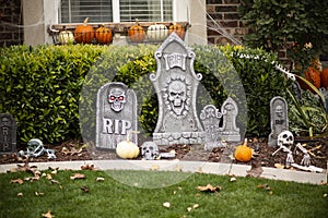 Exterior view of home decorated with Halloween decorations