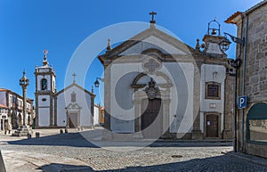 Exterior view at the iconic baroque Church of St Pedro, Misericordia church and Trancoso Pillory, on Trancoso city, Guarda