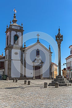 Exterior view at the iconic baroque Church of St Pedro and Trancoso Pillory, on Trancoso city downtown, Guarda, Portugal