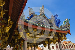 Exterior view of Leong San Tong Khoo Kongsi clanhouse against blue sky