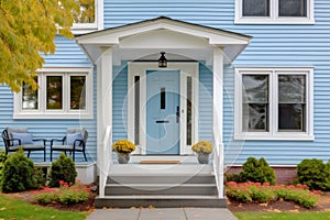 exterior view of light grey colonial house, blue central front door
