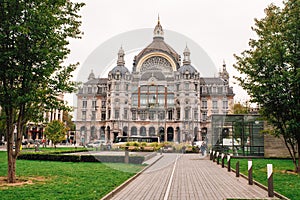 Exterior view of the main train station in Antwerp, Belgium.