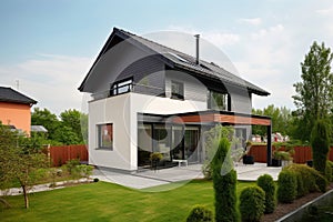 Exterior view of a modern detached house with terrace and a well-kept garden created with generative AI technology