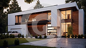 Exterior view of modern, white house with garage decorated with wood