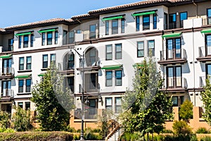 Exterior view of multifamily residential building; Santa Clara, San Francisco bay area, California
