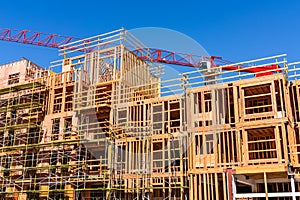 Exterior view of multifamily residential building under construction in Palo Alto; the entire Silicon Valley and San Francisco Bay