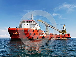 Exterior view of offshore accomodation work boat. It is equipped with pedestal crane and accomodation capacity for projects