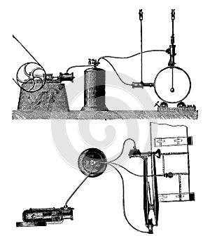 Exterior view and plan the installation of a portable compressed-air riveter, vintage engraving