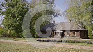 Exterior view of the Russian hut in the Tarkhany estate of the poet Mikhail Lermontov in the Penza region. Museum of