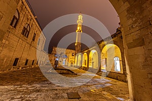 Exterior view Sehidiye Mosque and Madrassa,a popular landmark in Mardin,Turkey. Mardin Sehidiye Mosque, night view, Turkey, Mardin