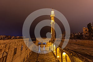 Exterior view Sehidiye Mosque and Madrassa,a popular landmark in Mardin,Turkey. Mardin Sehidiye Mosque, night view, Turkey, Mardin