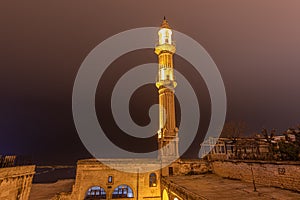 Exterior view Sehidiye Mosque and Madrassa,a popular landmark in Mardin,Turkey. Mardin Sehidiye Mosque, night view, Turkey, Mardin