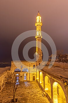 Exterior view Sehidiye Mosque and Madrassa,a popular landmark in Mardin,Turkey. Mardin Sehidiye Mosque, night view, Turkey, Mardin