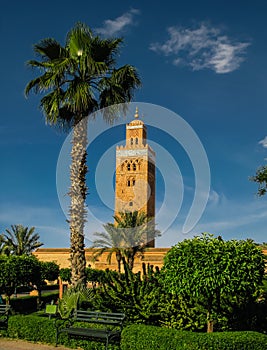 Exterior view to Koutoubia mosque aka Mosque of the Booksellers in Marrakesh, Morocco