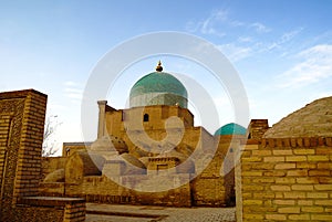 Exterior view to Mausoleum of Pahlavon Mahmoud at Itchan Kala in Khiva, Uzbekistan