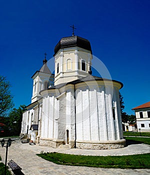 Exterior view to stone summer Dormition church at orthodox Capriana monastery , Moldova