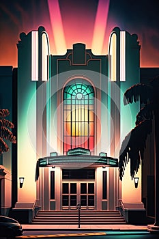 Exterior of a Vintage Art Deco Retro Cinema Building Architecture Colorful Illustration