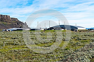 Exterior of waterwaste treatment plant in mountainous region in Iceland