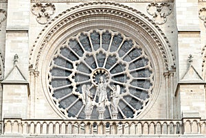 The exterior of the Western Rose window of Notre-Dame de Paris Cathedral
