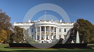 Exterior of the White House in Washington DC with the American flag. Generative ai