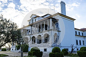 Exterior of a white old mansion in Portuguese style in the Setubal district in Portugal