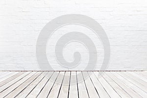 Exterior wooden decking floor and white brick wall. Abstract dec