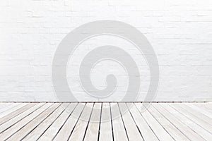 Exterior wooden decking floor and white brick wall. Abstract dec photo