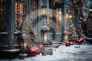 exteriors of the house are decorated for Christmas or New Year\'s holiday, city street in winter, snow, gifts on the porch