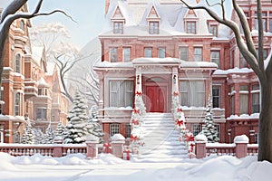 exteriors of the house are decorated for Christmas or New Year\'s holiday, city street in winter, snow, gifts on the porch