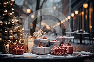 exteriors of the house are decorated for Christmas or New Year\'s holiday, city street in winter, snow, gifts on the porch