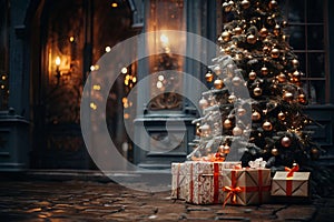 exteriors of the house are decorated for Christmas or New Year\'s holiday, city street in winter, snow, gifts on the porch