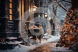 exteriors of the house are decorated for Christmas or New Year\'s holiday, city street in winter, snow, gifts on the porch