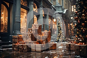 exteriors of the house are decorated for Christmas or New Year\'s holiday, city street in winter, snow, gifts on the porch