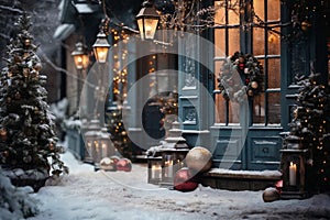 exteriors of the house are decorated for Christmas or New Year\'s holiday, city street in winter, snow, gifts on the porch