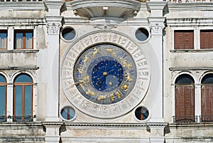 Exteriror detail of the Torre dell Orologio (Clock Tower) in Venice, Italy.