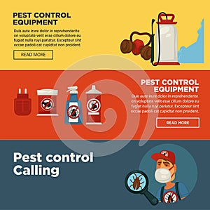 Extermination pest control service banners template design of sanitary domestic exterminate disinfection equipment. photo