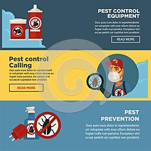 Extermination pest control service banners template design of sanitary domestic exterminate disinfection equipment. photo