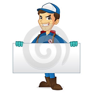 Exterminator holding blank sign