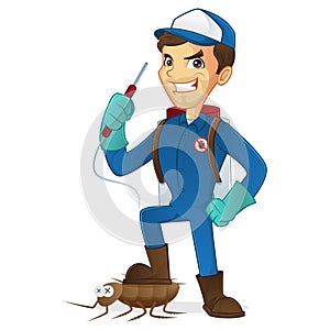 Exterminator killing bug holding pest sprayer