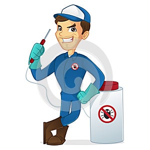 Exterminator leaning on pest sprayer
