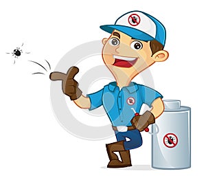 Exterminator leaning on pest sprayer