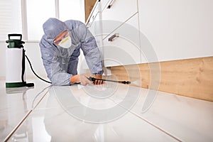 Exterminator Spraying Pesticide In Kitchen