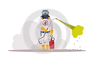 Exterminator Wearing Protection Uniform and Gas Mask Using Pressure Sprayer, Pest Control Service Worker Vector