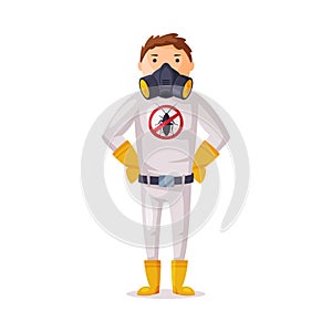 Exterminator Wearing Protection Uniform and Mask, Male Worker of Pest Control Service Vector Illustration on White