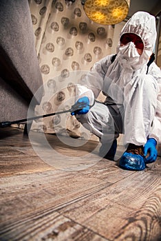 An exterminator in work clothes sprays pesticides with a spray gun. Fight against insects in apartments and houses