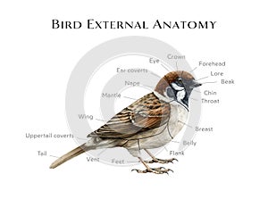 External bird anatomy study table. Watercolor illustration. Realistic detailed illustration. Bird external anatomy