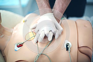 External cardiac massage. Medical dummy. Use of medical dolls for practicing medical skills